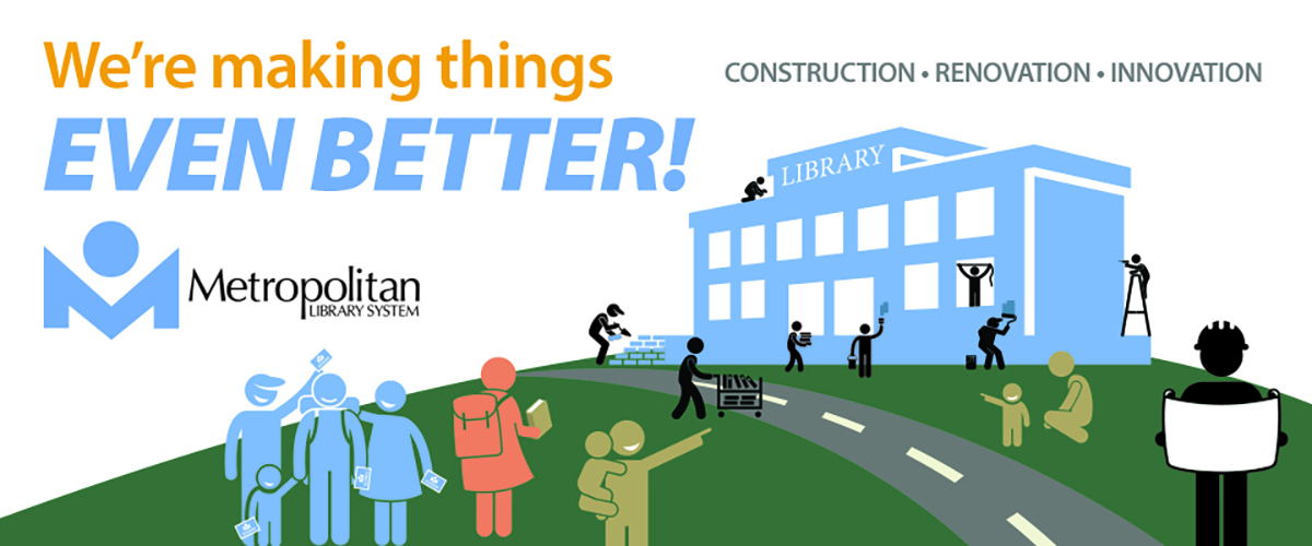 Library building and people reading "We're making things event better!"