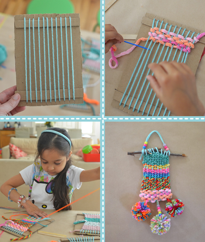 Kids weaving on a cardboard loom with yarn