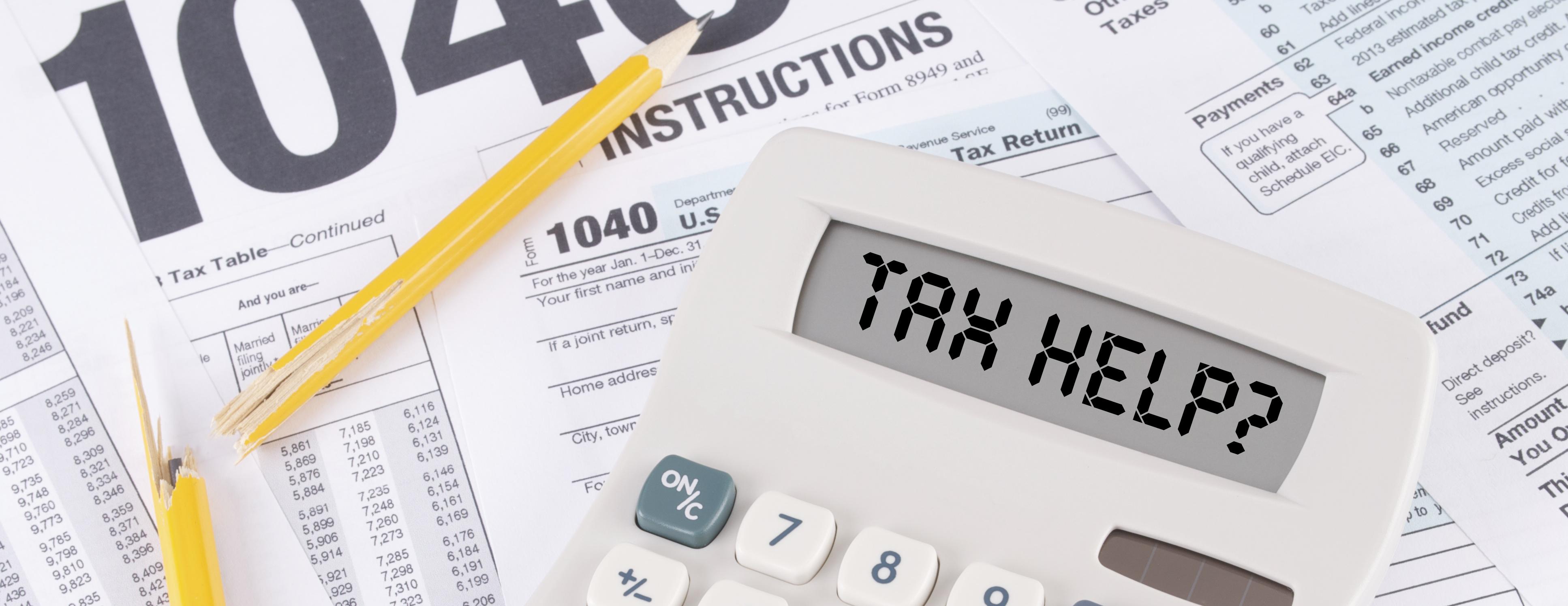 Tax Help header image Stack of tax forms, pencils, and calculator reading "Tax Help?"