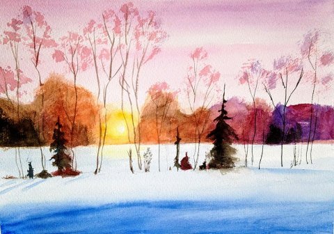 Winter sunset with trees and snow, painting by Maritess Sulcer