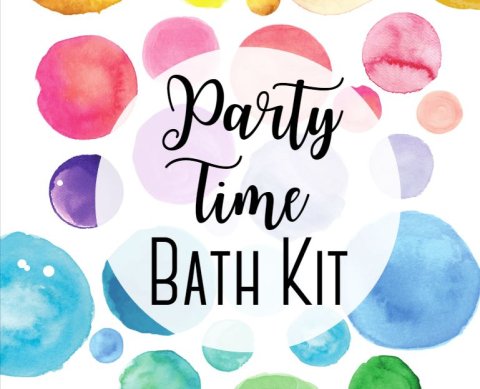 Rainbow colored bubbles in the background with Party Time Bath Kit in text in the forefront. 