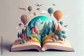 Open book with world and hot air balloons coming out of it
