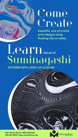 Come create beautiful one-of-a-kind print designs using floating inks on water. Learn the Art of Suminagashi.