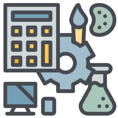 Graphic showing calculator, computer screen, gear, paintbrush and palette, beaker with liquid in it