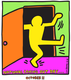Logo designed by Keith Haring for the Human Rights Campaign's advocacy of the day. The logo is from the following website: https://www.hrc.org/ https://www.elm.org/wp-content/uploads/2013/01/NatnlComingOutDay.jpg