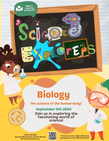 Flyer featuring two children wearing scientific lab gear. Text reads: Science Explorers Biology - The science of the human body. 