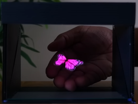 A holographic pinkish-purple butterfly within a black frame and a hand outstretched behind it