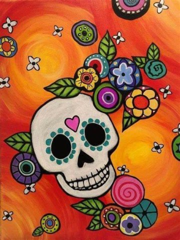 small sugar skull surrounded by flowers on orange and red background