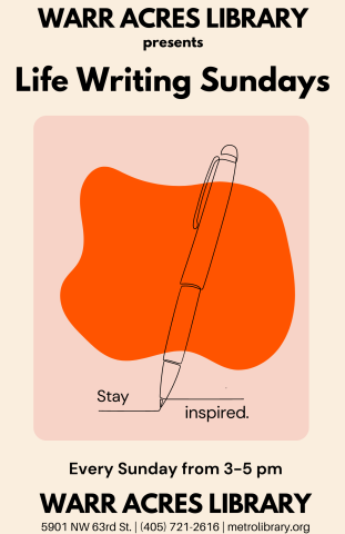 The poster for Life Writing Sundays, which features a beige background with a pink square in the middle. An abstract orange shape is within that square with a single line drawing of a pencil. Below that image are the words: "Stay" and "inspired." 