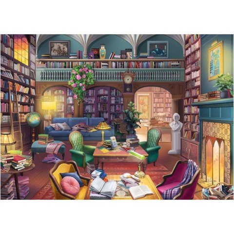 cozy library with fireplace, chairs, bookshelves, and open books on tables