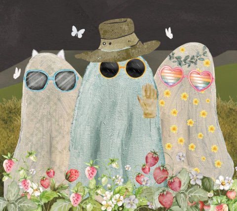 A painting of three ghosts wearing sunglasses in a strawberry field