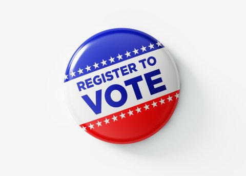 red, white, and blue button with the words "register to vote"