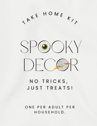 the words "spooky decor" with eyeball and full moon graphics