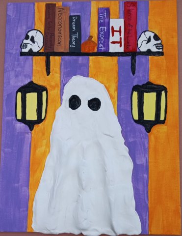 A 3D ghost ontop of a painted background.