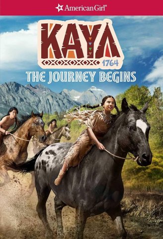 Cover of Kaya: the Journey Begins by Janet Beeler Shaw. Shows an indigenous girl riding on a black and white horse.