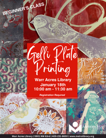 Gelli Plate Printing, Warr Acres Library, January 18th, 10:00 am - 11:30 am, Beginner's Class, registration required 