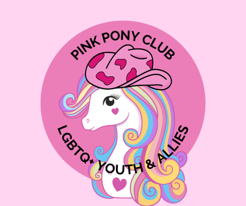 Logo for Pink Pony Club, featuring a pony with rainbow mane wearing a pink cowboy hat