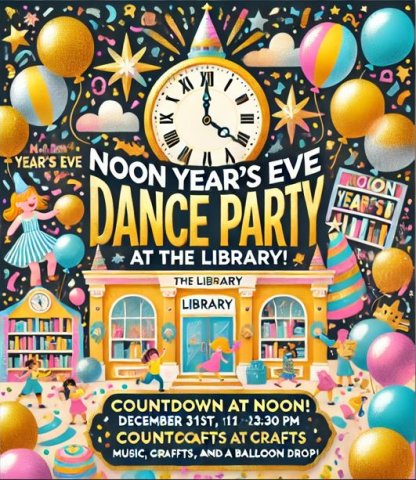 This flyer for a "Noon Year's Eve Dance Party" at the library features bright illustrations of balloons, confetti, and a large clock striking noon, set against a cheerful library backdrop with dancing children. Event details, including the date, time and activities like crafts, music, and a balloon drop, are displayed in bold, playful fonts.