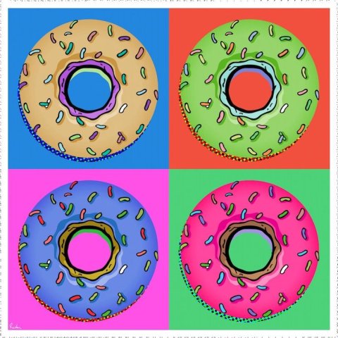 Andy Warhol Style picture of donuts in different colors with multicolored background