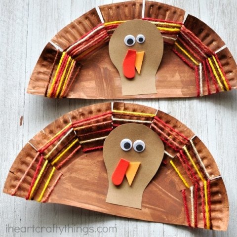 Half of a paper plate painted brown with yarn woven at the edges to look like feathers and a paper head with googly eyes, a yellow beak, and a red wattle.