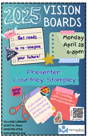 Poster has a gradient background and all the information about the program is on different kinds of paper notes. It reads: 2025 Vision Boards. Monday, April 28, 6-8pm. Presenter: Courtney Stampley. If you made a vision board in January, bring it to follow up. At the bottom is the Metro Library logo and the library's address, 10307 N. Penn, and phone number 405-755-0710, along with the website metrolibrary.org.