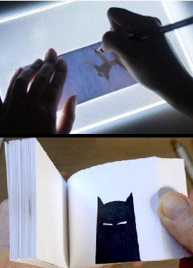 two pictures: on top, hands in shadow, one holding down a small paper while the other is tracing something on a lightbox. Below: A flipbook held open by a thumb, the page showing a simplified silhouette of Batman's head with eyes narrowed like slits.