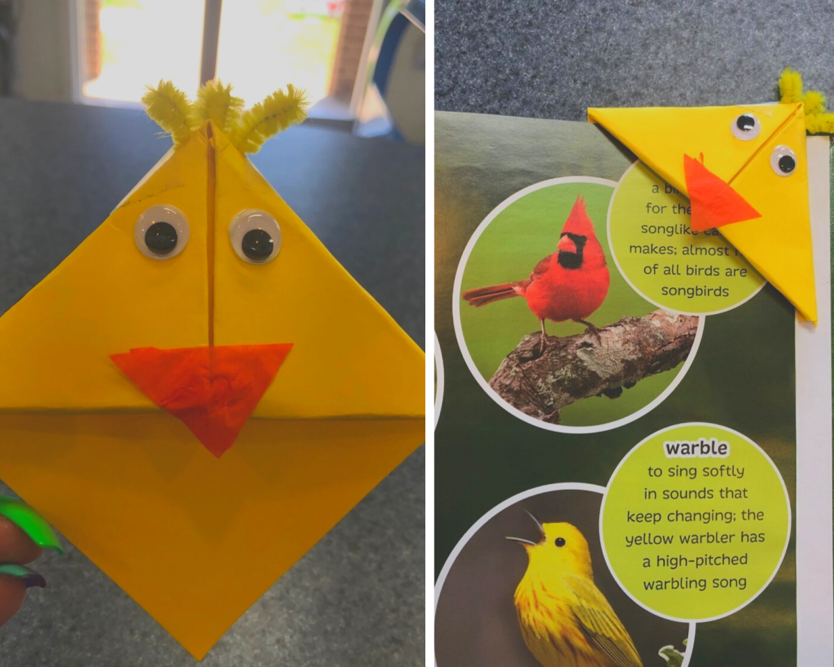 Close up of yellow bird bookmark and bookmark in book