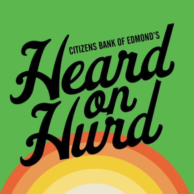 a green background with a half circle at the bottom progressing from yellow to orange, black letters reads Citizens Bank of Edmond's Heard on Hurd