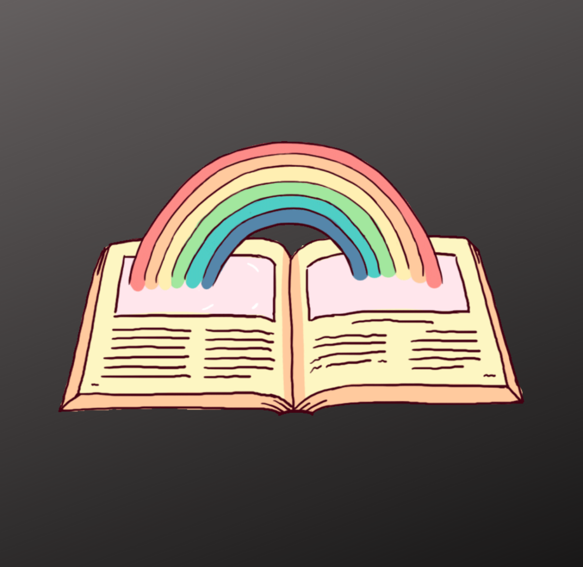 an open book bursting with a rainbow, on a dark background