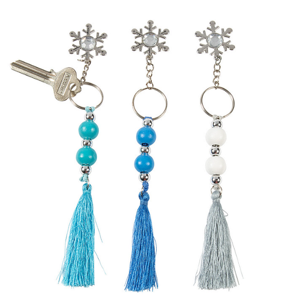 teal blue and silver snowflake keychain with beads