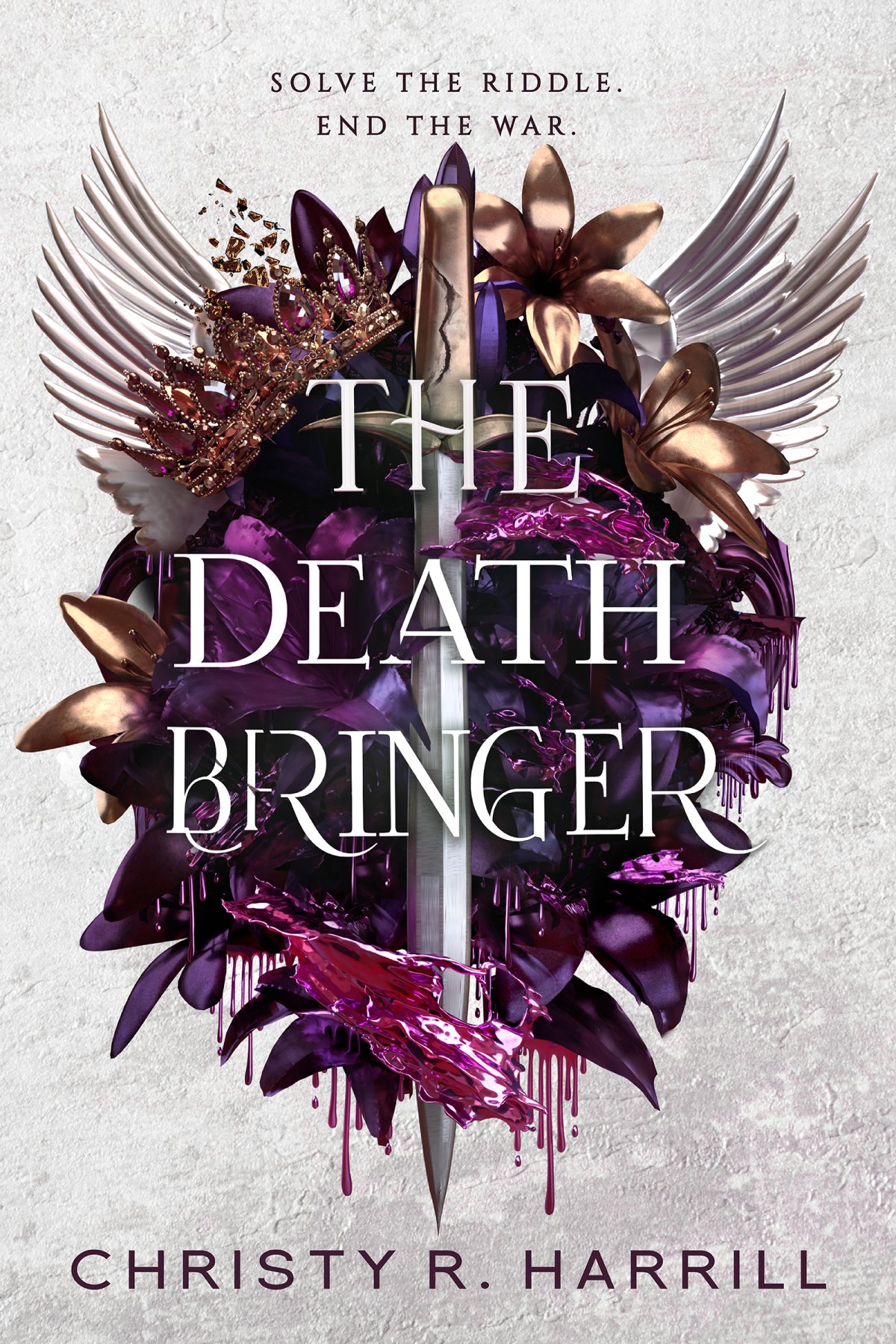 A book cover that reads "The Death Bringer" and features purple and gold art with wings and a sword.