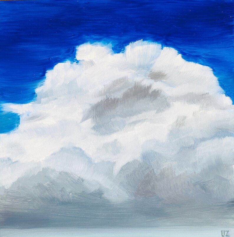 painting of puffy white clouds against dark blue sky