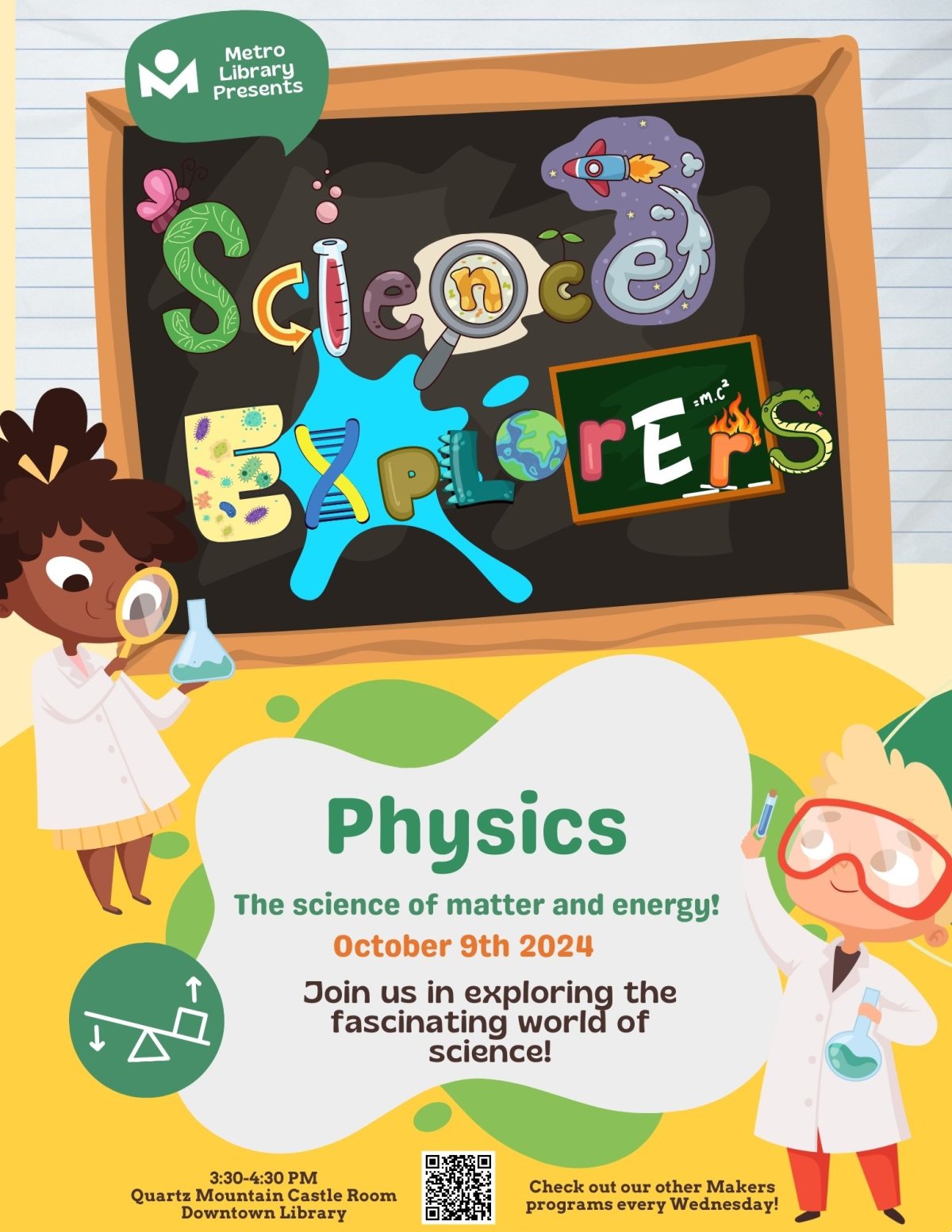 Flyer featuring two children in scientific lab gear. Text reads Science Explorers: Physics - The science of matter and energy!