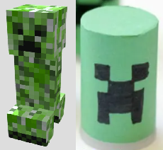 a 3d paper minecraft creeper  and a cylinder wrapped in green paper with a minecraft creeper face drawn on it
