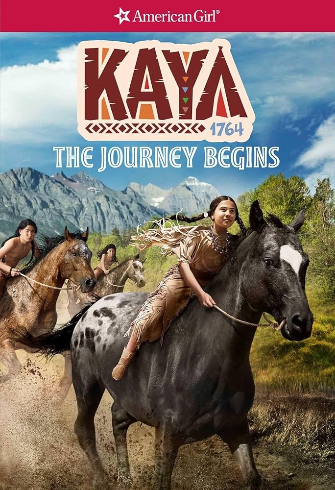 Cover of Kaya: the Journey Begins by Janet Beeler Shaw. Shows an indigenous girl riding on a black and white horse.