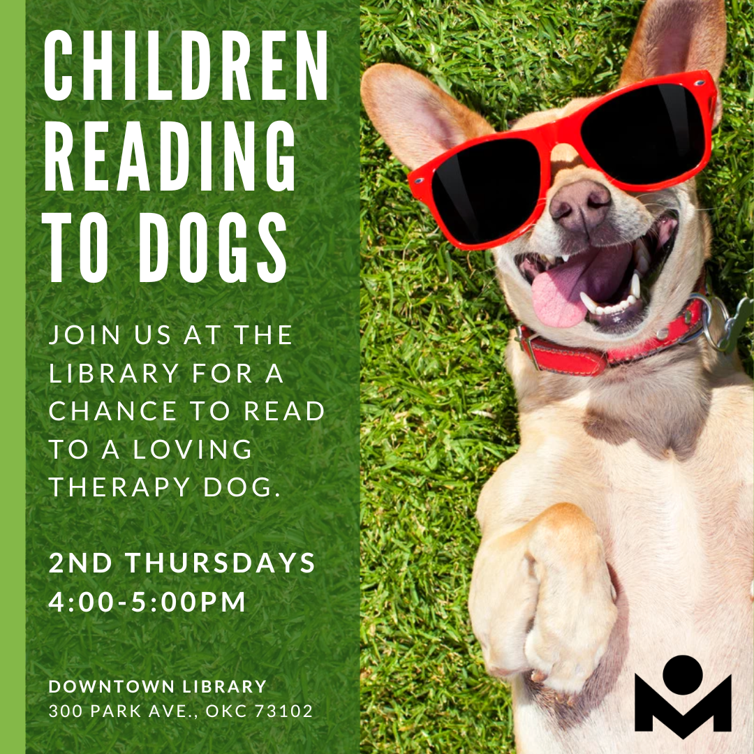 Flyer for the event featuring a cute dog with sunglasses lying in the grass.