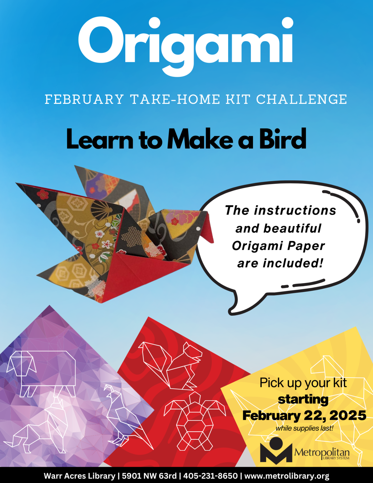 Origami February Take-Home Kit Challenge - Learn to Make a Bird. - Instructions and paper included.