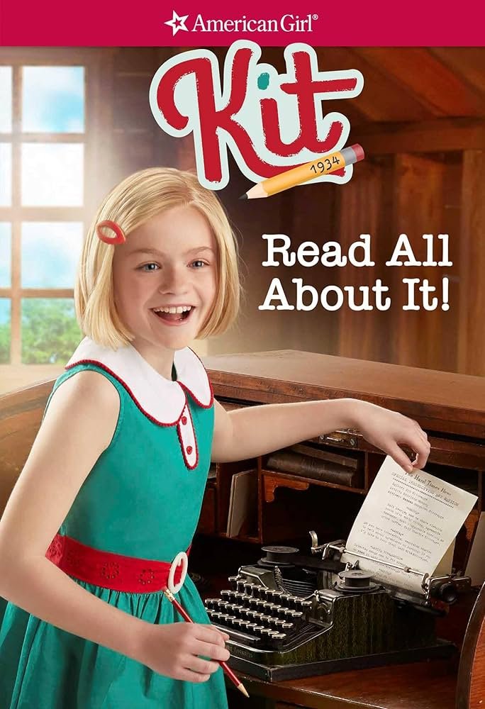 A white girl in a teal dress is standing in front of a typewriter