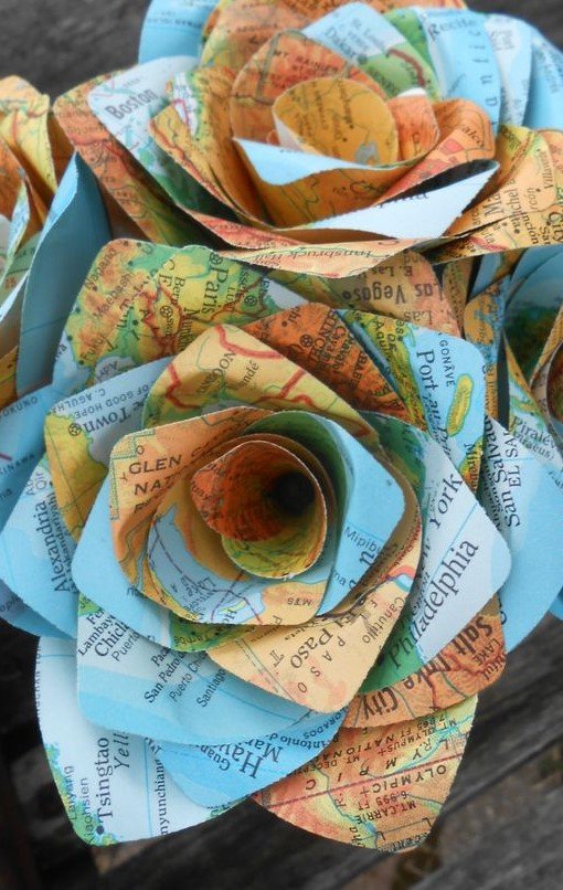 Blue roses made from road maps